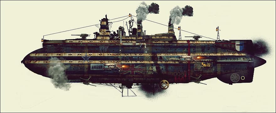 vzducholoď, steampunk, fantazie, Atompunk, Dieselpunk, sci-fi, průmysl, námořní plavidlo, továrna, ropný průmysl, přeprava