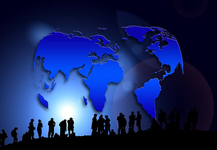 terra, continents, global, casa, globalització, globus, humà, grup, siluetes, visualització, internacional