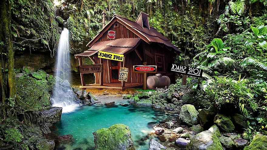 Hütte, Kabine, Wald, Lagune, Wasserfall, Teich, Natur, digitale Kunst, wunderschönen, bunt, Pflanzen