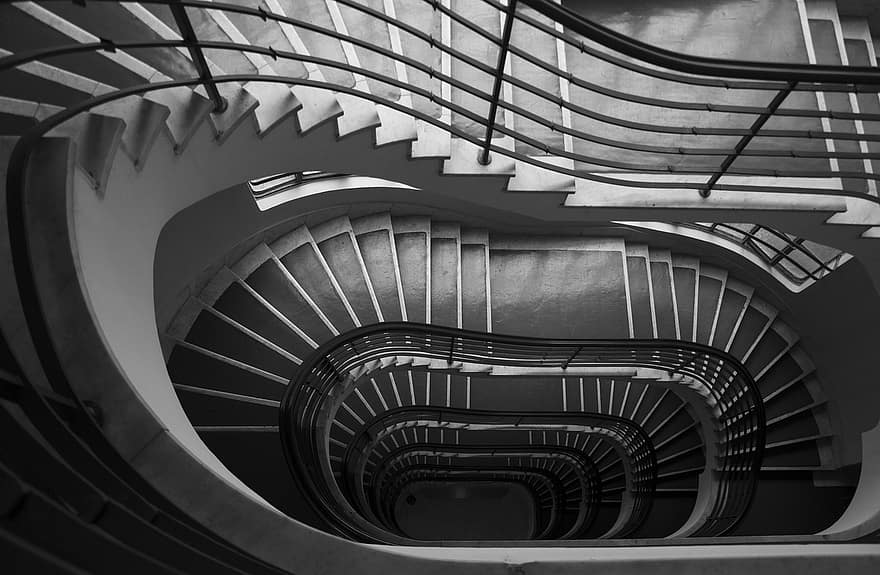 escadas, arquitetura, Escadaria, monocromático, dentro de casa, passos, espiral, moderno, curva, desenhar, abstrato