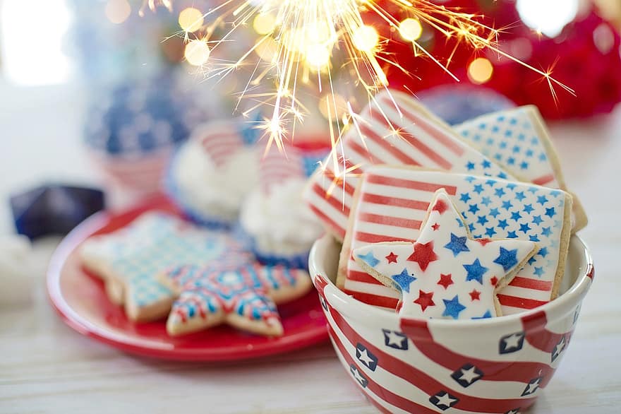 7 월 4 일, 쿠키, 축하, 빛나는 것, 독립 기념일, 애국심이 강한, 왕실 장식, 취급하다, 과자, 훌륭하게 꾸민, 설탕 쿠키