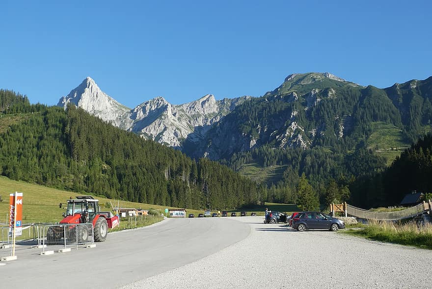 bjerge, skisportssted, kaiserau, østrig, panorama, bjerglandskab, parkeringsplads