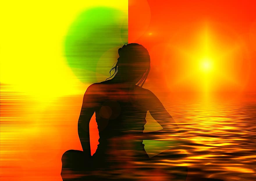 meditació, reflexió, dona, persona, amb potes, posta de sol, onada, cercle, mig, centre, transcendència
