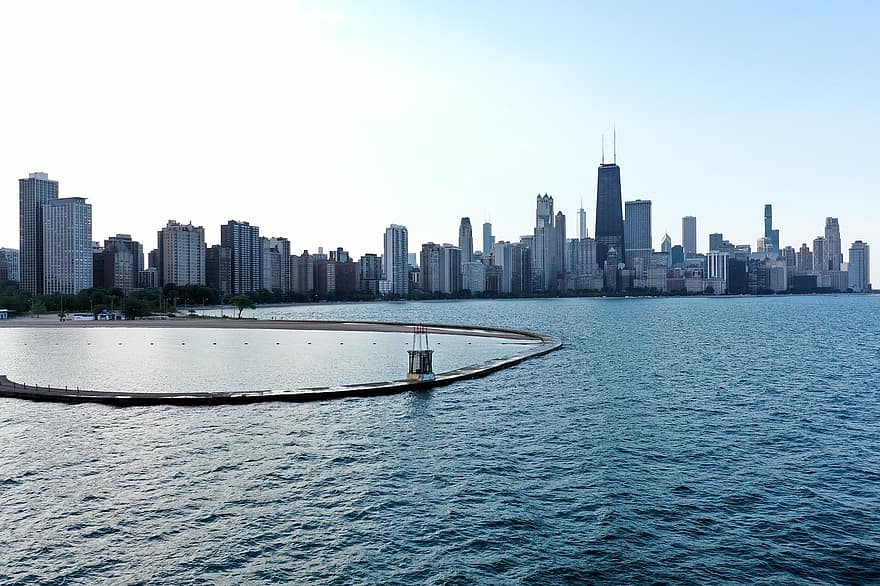 llac michigan, Chicago, horitzó, urbà, ciutat, aigua, drone