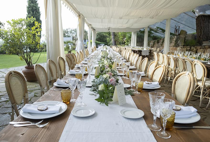 taula, casament, celebració, romàntic, sopar, llançament, matrimoni, plats, luxe, país, chic