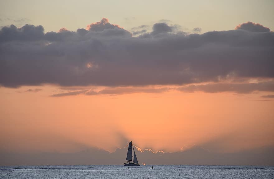 океан, заход солнца, лодка, Маврикий, смеркаться, горизонт, небо, облака, парусный спорт, парусная лодка, воды