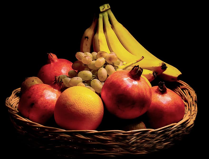 الفاكهة ، سلة صينية ، باق على قيد الحياة ، موز ، تفاحة ، البرتقالي ، العنب ، رمان ، ينتج ، عضوي ، طازج