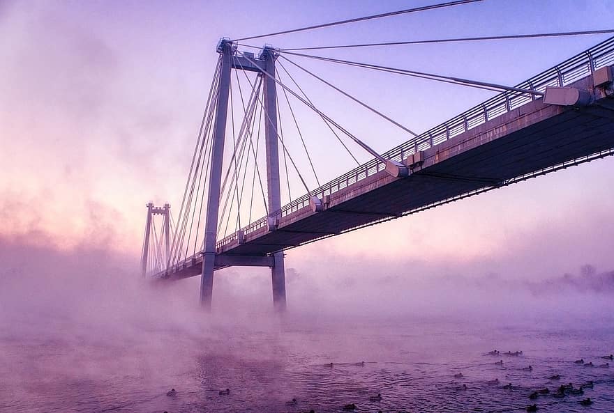 pont, rivière, brouillard, Yenisei, Krasnoyarsk
