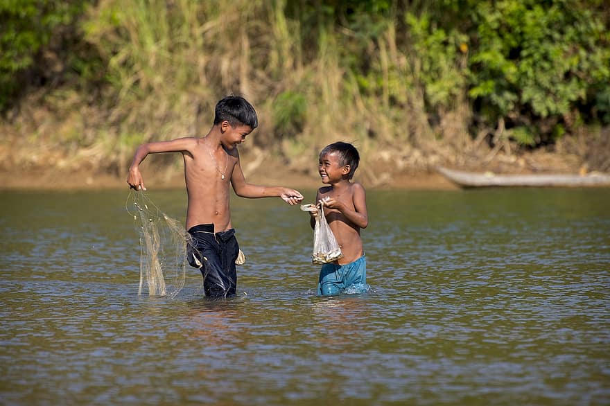 jongens, visvangst, meer, gelukkig, kinderen, visnet, kinderjaren, Vietnamees, rivier-, platteland