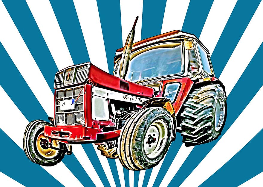 traktor, antikkbil, gammel, jordbruk, landbruksmaskiner, kjøretøy, Tegneserie tegning, plakat, bakgrunn, postkort, skjermsparer