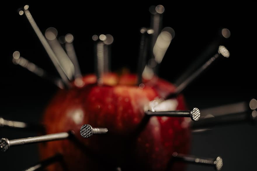 사과, 손톱, 스파이크, 과일, 창조적 인, 날카로운, 금속, 생각, 개념, 식품