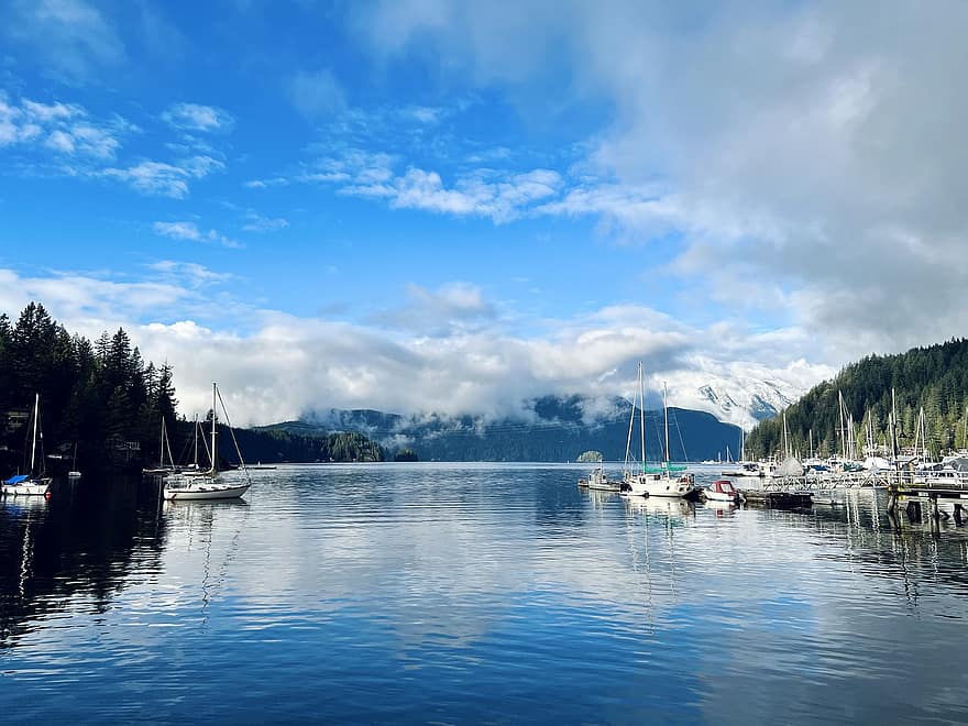 syvä lahti, Vancouver, järvi, kevät, luonto, laituri, meri, merenkulkualus, sininen, vesi, kesä