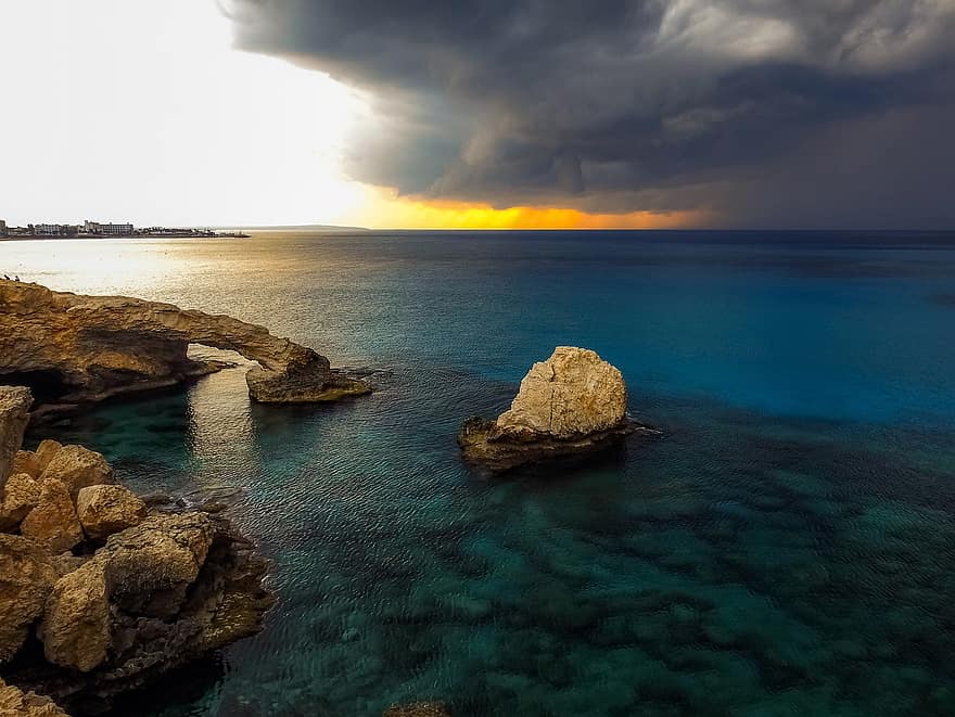 mar, tempesta, costa rocosa, penya-segats, naturalesa, paisatge, rocós, cel, núvols, horitzó, Xipre