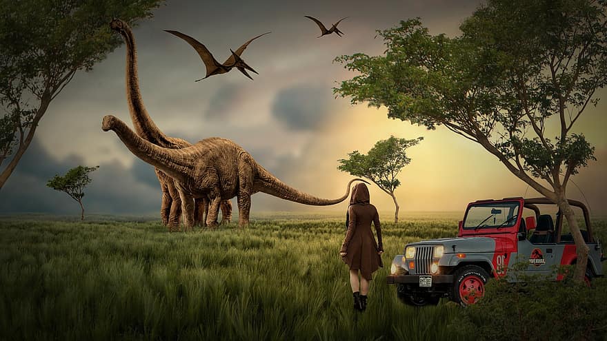 parco, natura selvaggia, paesaggio, camionetta, auto, veicolo per tutti i terreni, dinosauro, pterosaur, prato, erba, alberi