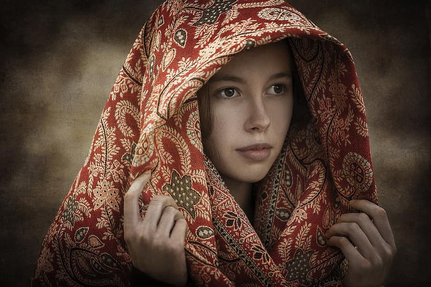 Girl, Portrait, Face, Ethnic, Arabic Headscarf, Young, Young Woman, Scarf, Modeling, Pose, Posing