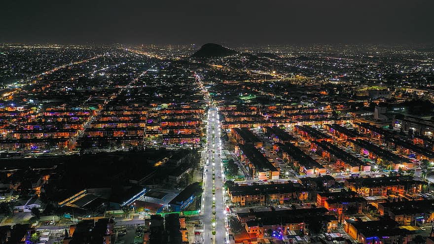 naktis, šviesos, kelias, pastatai, miestas, miesto, avenue, Meksikas, Iztapalapa, cdmx, drone