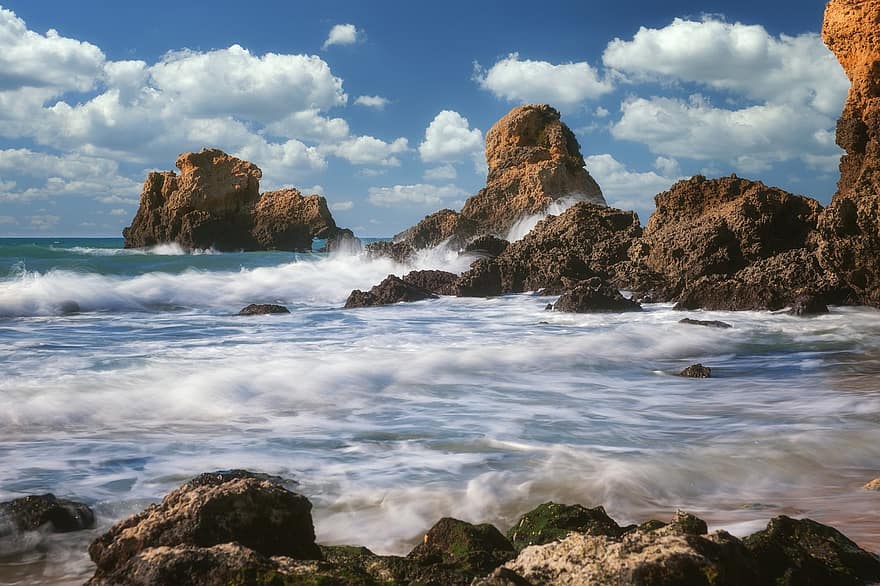 hav, Strand, bergarter, bølger, surf, Portugal, Algarve, atlantic, kystlinje, stein, vann