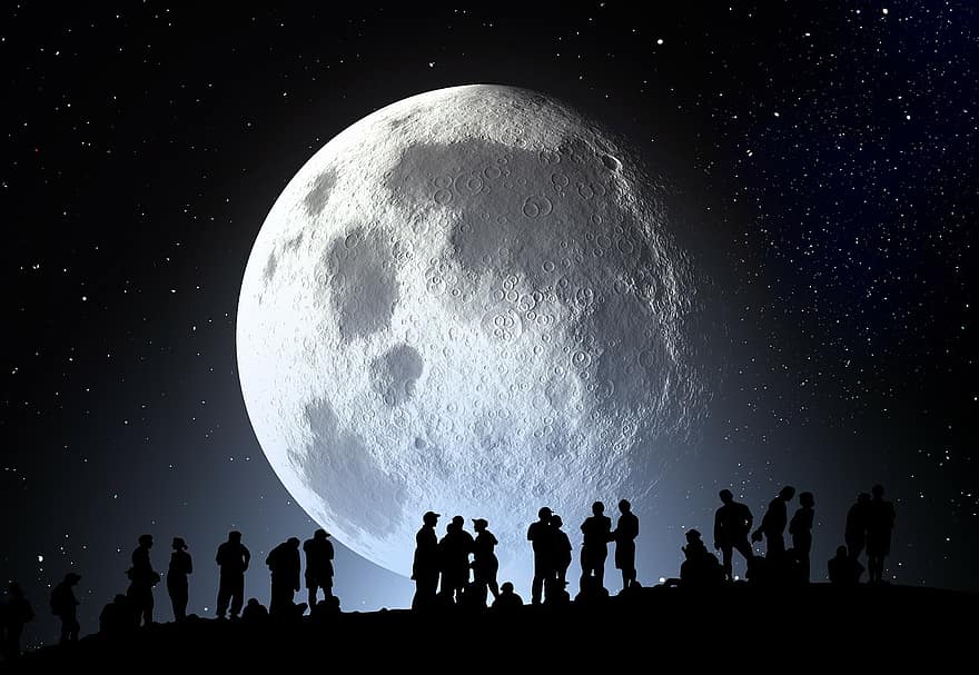 Kahl, lună, uman, grup, siluetă, fundal, noapte, seară, atmosfera, dispozitie, aur
