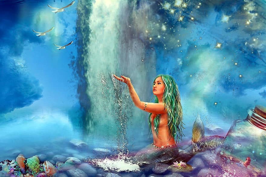 sereia, mar, fantasia, agua, conchas do mar, oceano, surreal, criatura mítica
