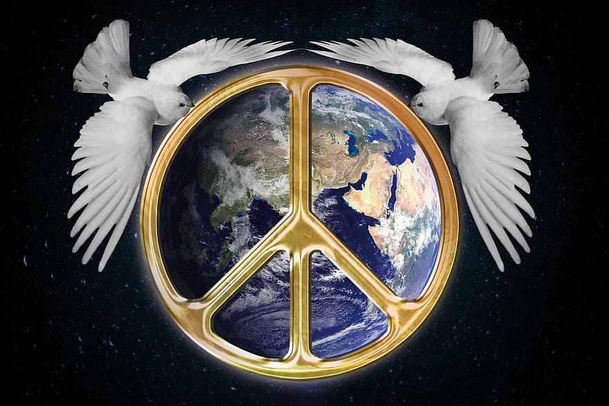 調和、世界平和、グローブ、世界、地球、鳩、平和の鳩、夜空、すべて、進む、希望