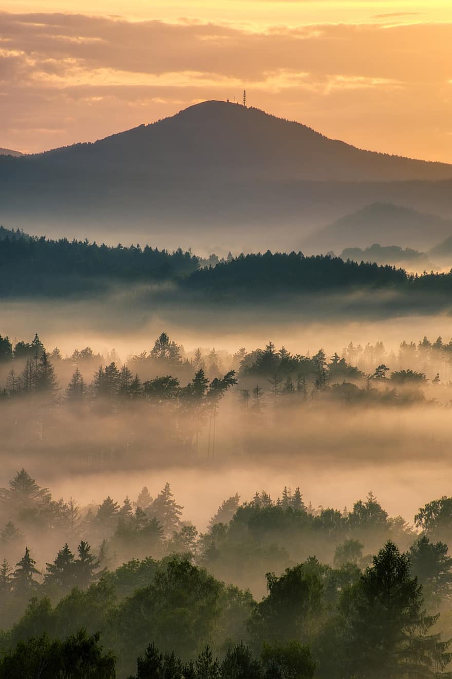 solopgang, tåge, landskab, bjerg, morgen, daggry, silhuet, bakker, natur, naturskøn, tjekkisk switzerland