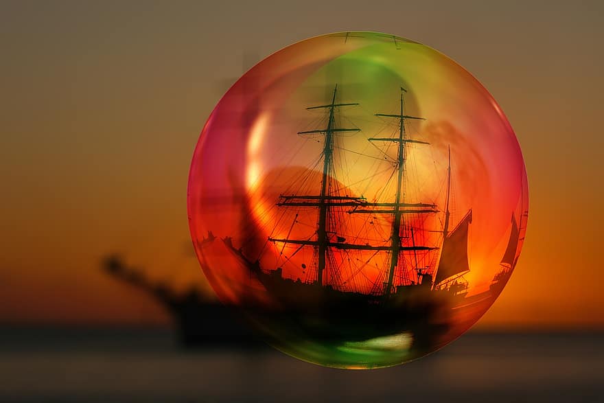 karibisk, solnedgång, såpbubbla, boll, räkningen, fartyg, båt, segelbåt, tackling, romantisk, hav