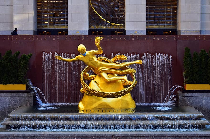 statua, scultura, Rockefeller center, punto di riferimento, New York, nyc, viaggio, Manhattan, metropoli, architettura, turismo