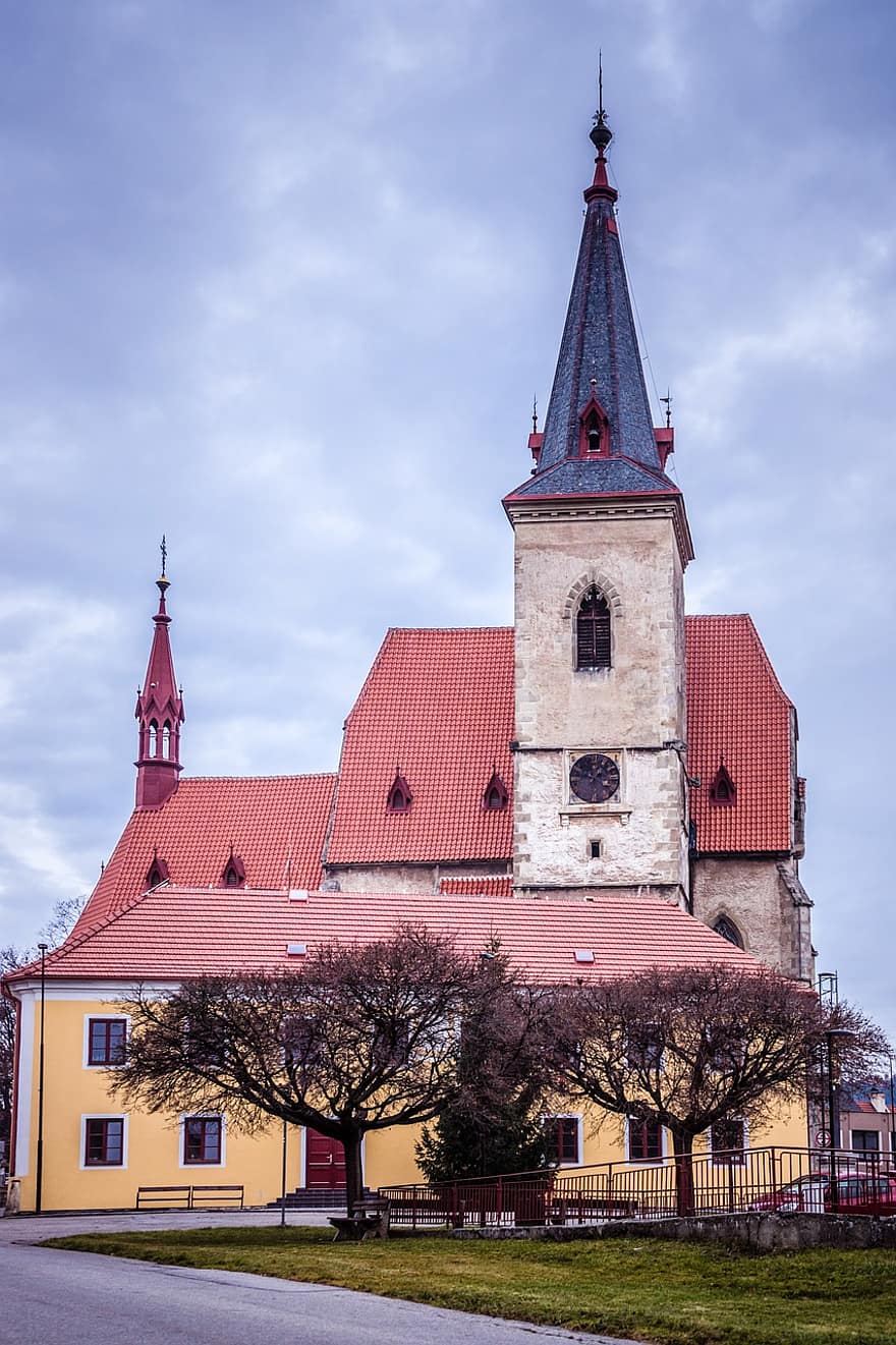 Chiesa, viaggiare, turismo, all'aperto, Repubblica Ceca, torre della chiesa, Chvalšiny, Kalsching, architettura, costruzione, Boemia