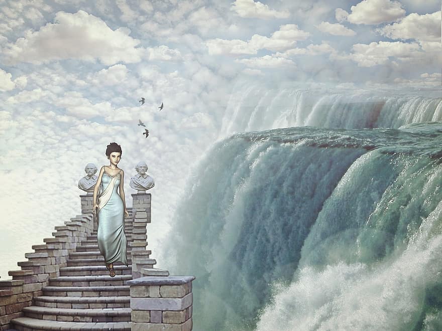 ūdenskritums, fantāzija, sapņu pasaule, meitene, sieviete, kāpnes, mistisks, debesis, sirreāls, pasaka, pasakas