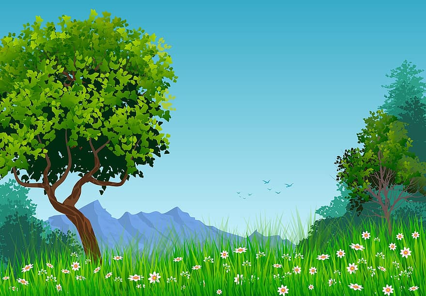 il·lustració, paisatge, naturalesa, arbres, flors, floral, herba, plantes, muntanya, cel, blau