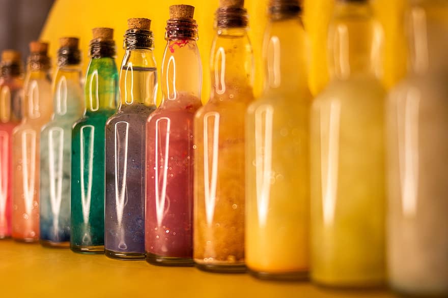 Botellas nebulosas, Botellas de galaxia, botellas de colores, botellas, resplandecer