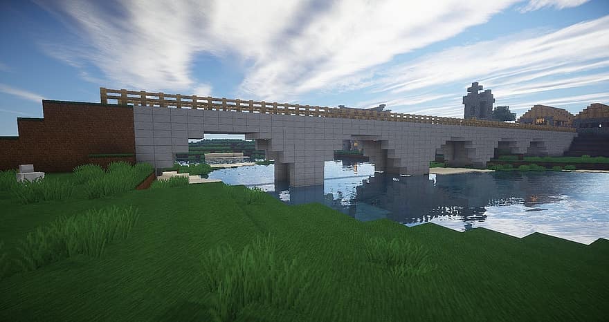 Minecraft, pont, rivière, pierre, médiéval, européen