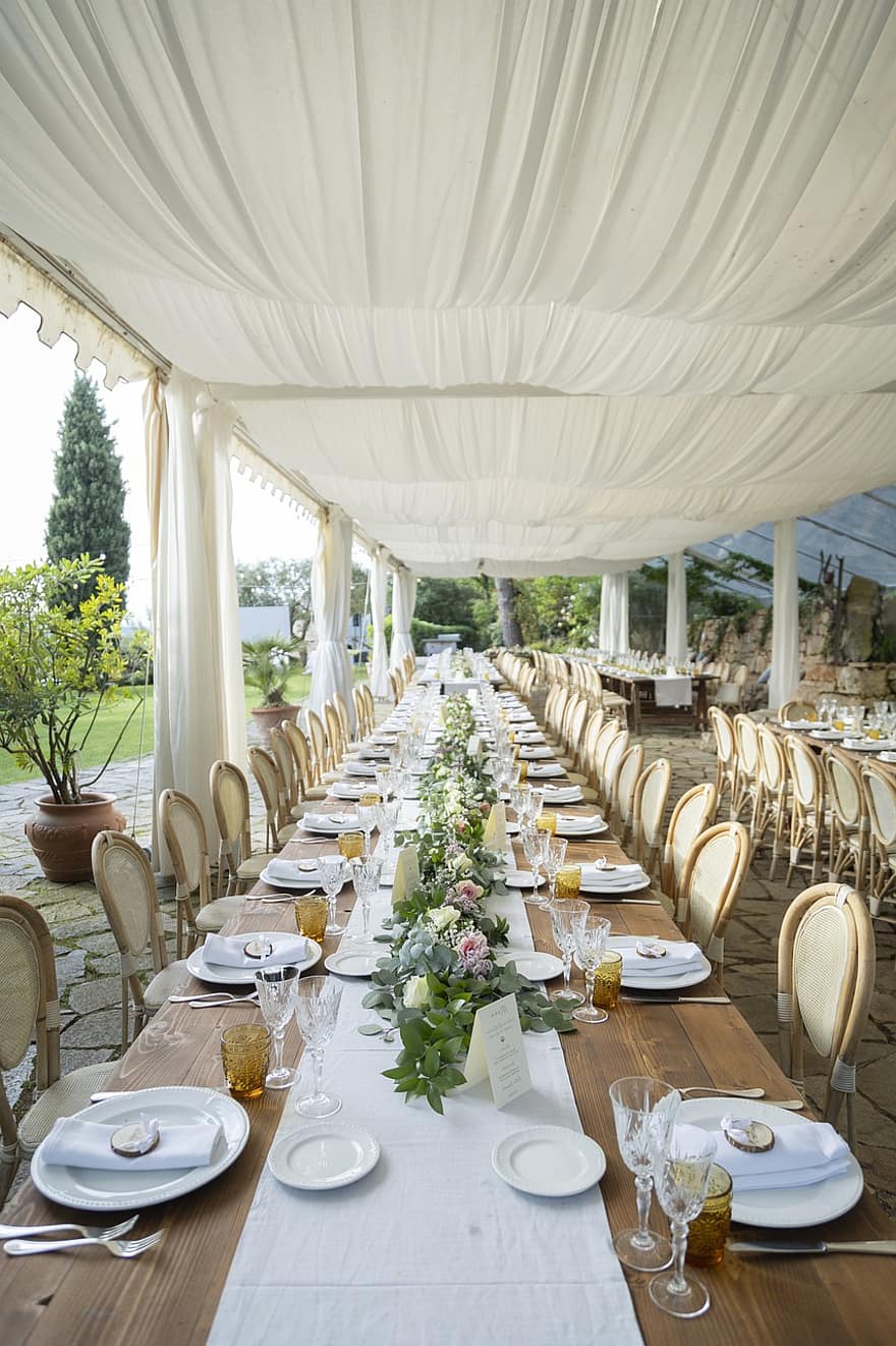 tafel, huwelijk, viering, romantisch, diner, lancering, borden, luxe, land, chique, stoel