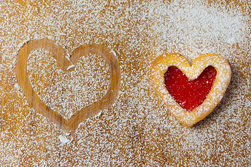 galleta, con chorro de arena, azúcar en polvo, corazón, forma de corazón, amor, comida, forma, romance, antecedentes, decoración