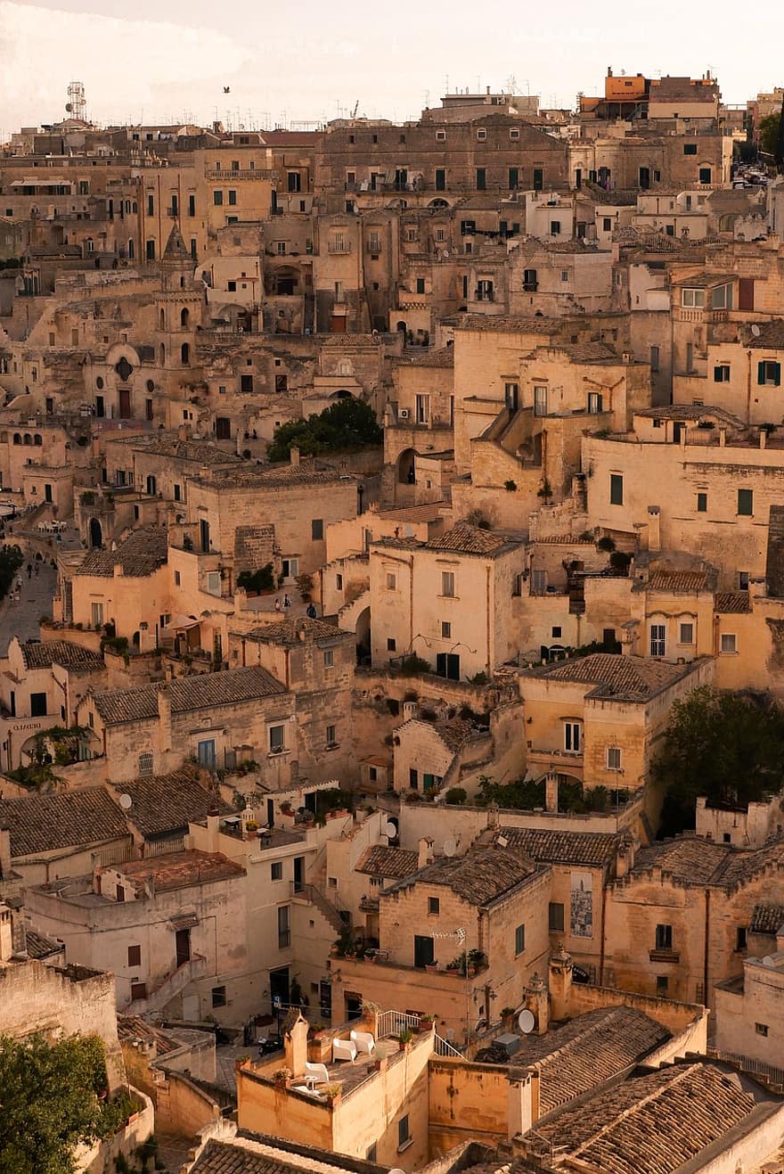 város, épületek, falu, Európa, utazás, idegenforgalom, Borgo, Matera, városkép, építészet, tető