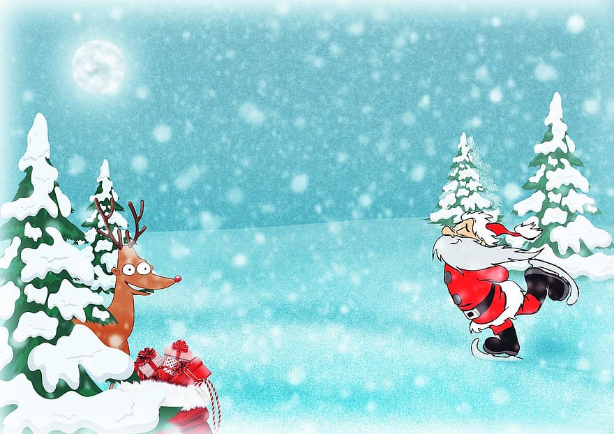 julmotiv, santa, ren, gåvor, jultomten, julkort, snölandskap, jul, granar, vintrig, snö