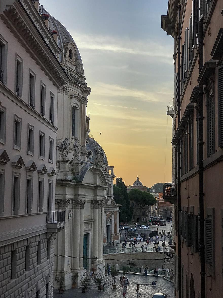 Roma, Italia, jalan, bangunan, kota, gereja, historis, urban, pariwisata, matahari terbenam