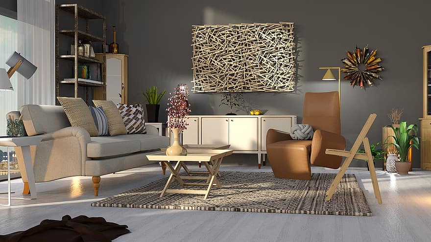 salon, krzesło, beżowy, meble, sofa, wnętrze, sala, dekoracja, nowoczesny, projekt, stół