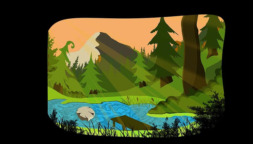 lago, arboles, bosque, muelle, estanque, dibujar, dibujos animados, 2d, digital, papel pintado