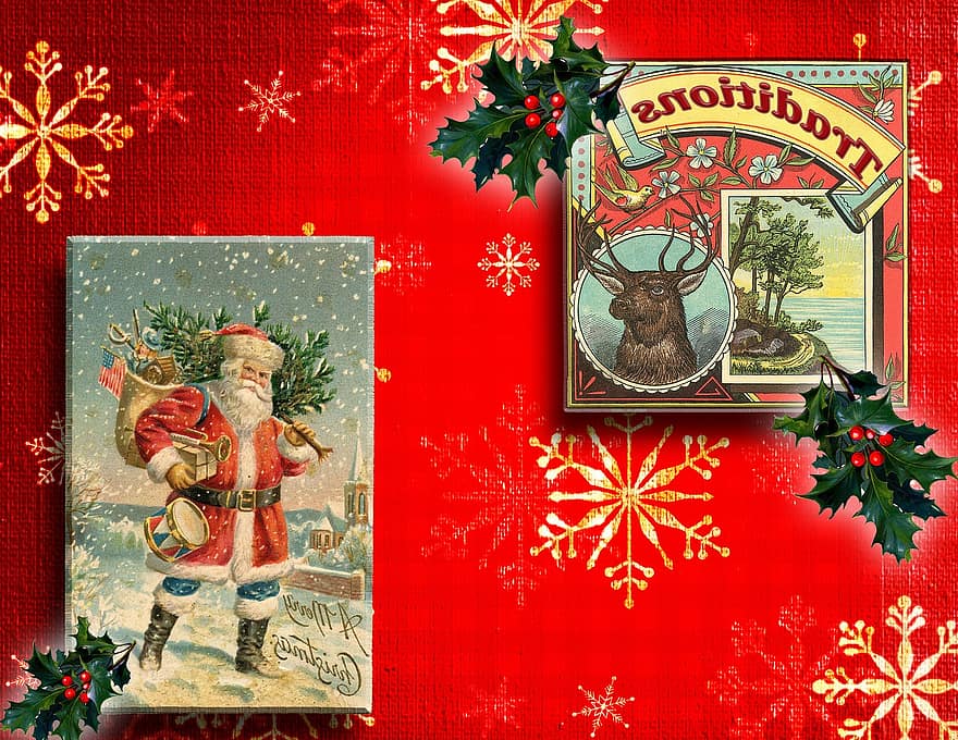 papier numérique, Noël, père Noël, flocons de neige, traditionnel, joyeux Noël, carte de voeux, vacances, de fête, saison, décembre