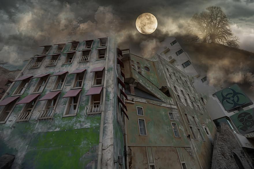 apocalipse, armageddon, abandonado, construção, fantasia, lua, noite, lua cheia, assustador, arquitetura, exterior do edifício