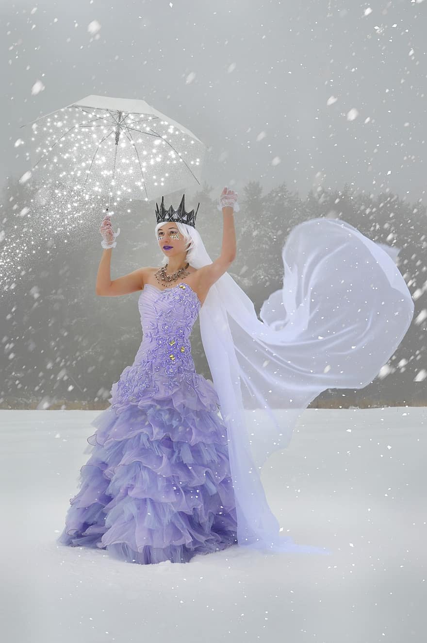 regină, Craiasa Zapezii, zăpadă, copaci, ceaţă, coroană, umbrelă, iarnă, rece, îngheţ, fantezie