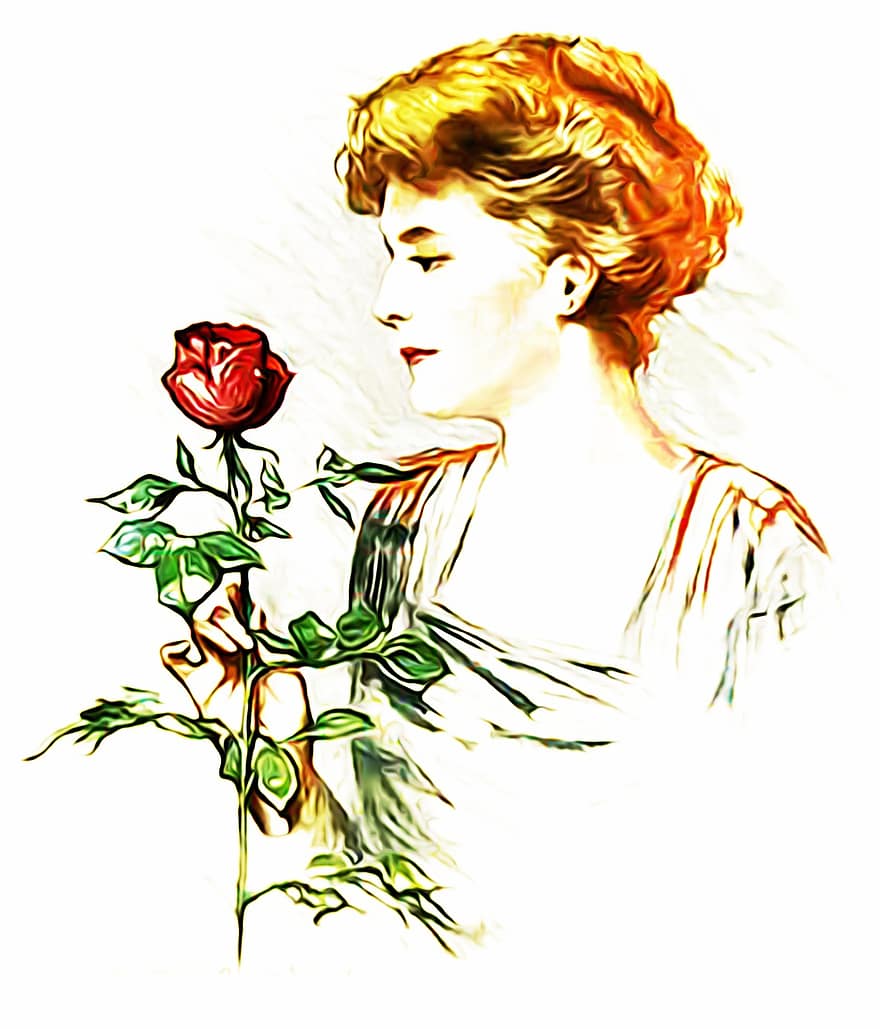 donna, Rose, Donna che tiene una rosa, fiori vintage, Rose rosse, fiore, femmina, ragazza, ritratto