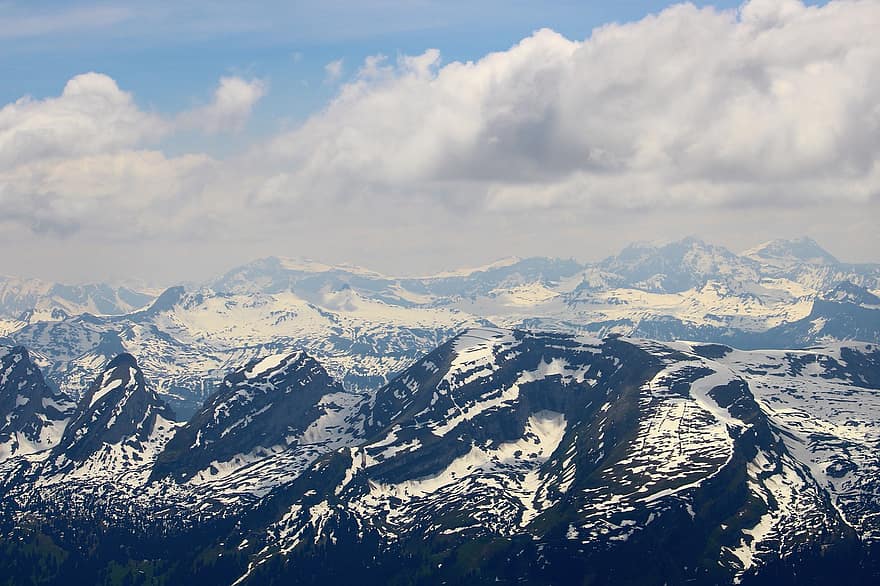 βουνά, κορυφή, χιόνι, αλπικός, ουρανός, σύννεφα, säntis, Ελβετία, χειμώνας, τοπίο, οροσειρά