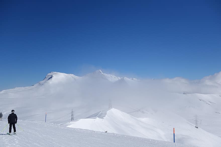 планини, сняг, човек, ски, скиор, хълмове, шега, дейност, мъгла, Laax