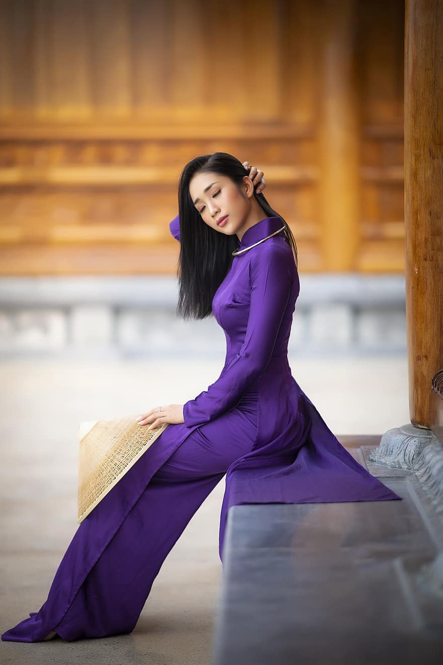 ao dai, mode, femme, vietnamien, Ao Dai violet, Robe nationale du Vietnam, chapeau conique vietnamien, traditionnel, beauté, belle, joli