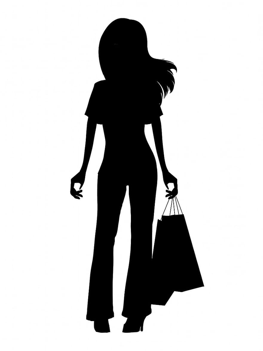 लड़की, महिला, युवा, फैशनेबल, काली, सिल्हूट, खरीदारी, सामान का थैला, कला, सफेद
