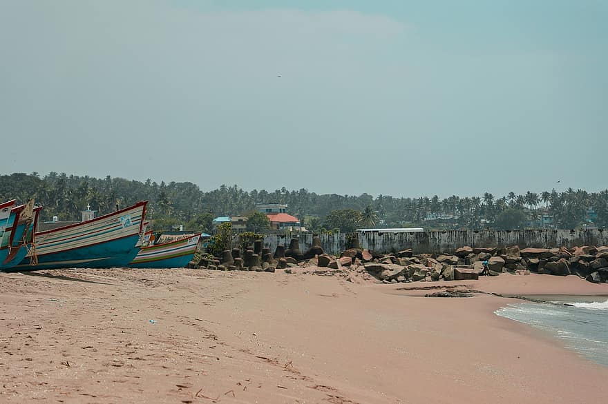 Strand, hav, Vizhinjam-stranden, Vizhinjam havn, Trivandrum strand, Kerala Beach, vann, india