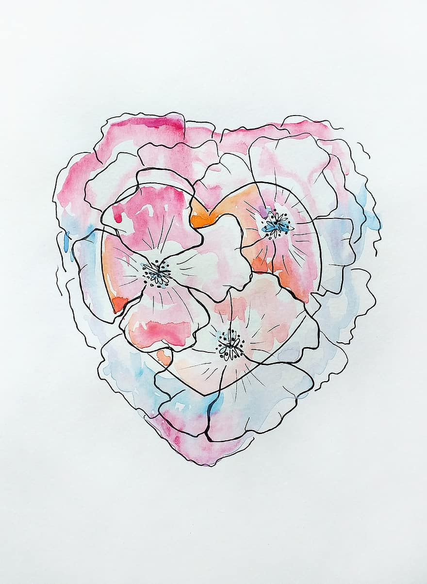 blommor, ett hjärta, konst, ritning, stapeldiagram, skära, kärlek, vattenfärg, färga, skiss, Handgjord grafik