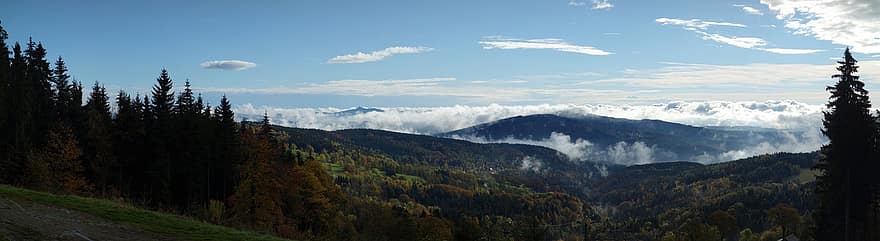 núi, rừng, Thiên nhiên, ngã, mùa thu, phong cảnh, phong cảnh, bầu trời, những đám mây, Rejdice, màu xanh da trời